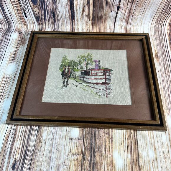 Vintage Cross Stitch Horse Ferry Boat Trees Water Complete Framed Finished 15x12 - Picture 2 of 11